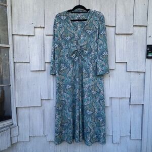 Soft Surroundings Paisley Print V Neck Ruched Midi Dress Women's 3X Teal Pink